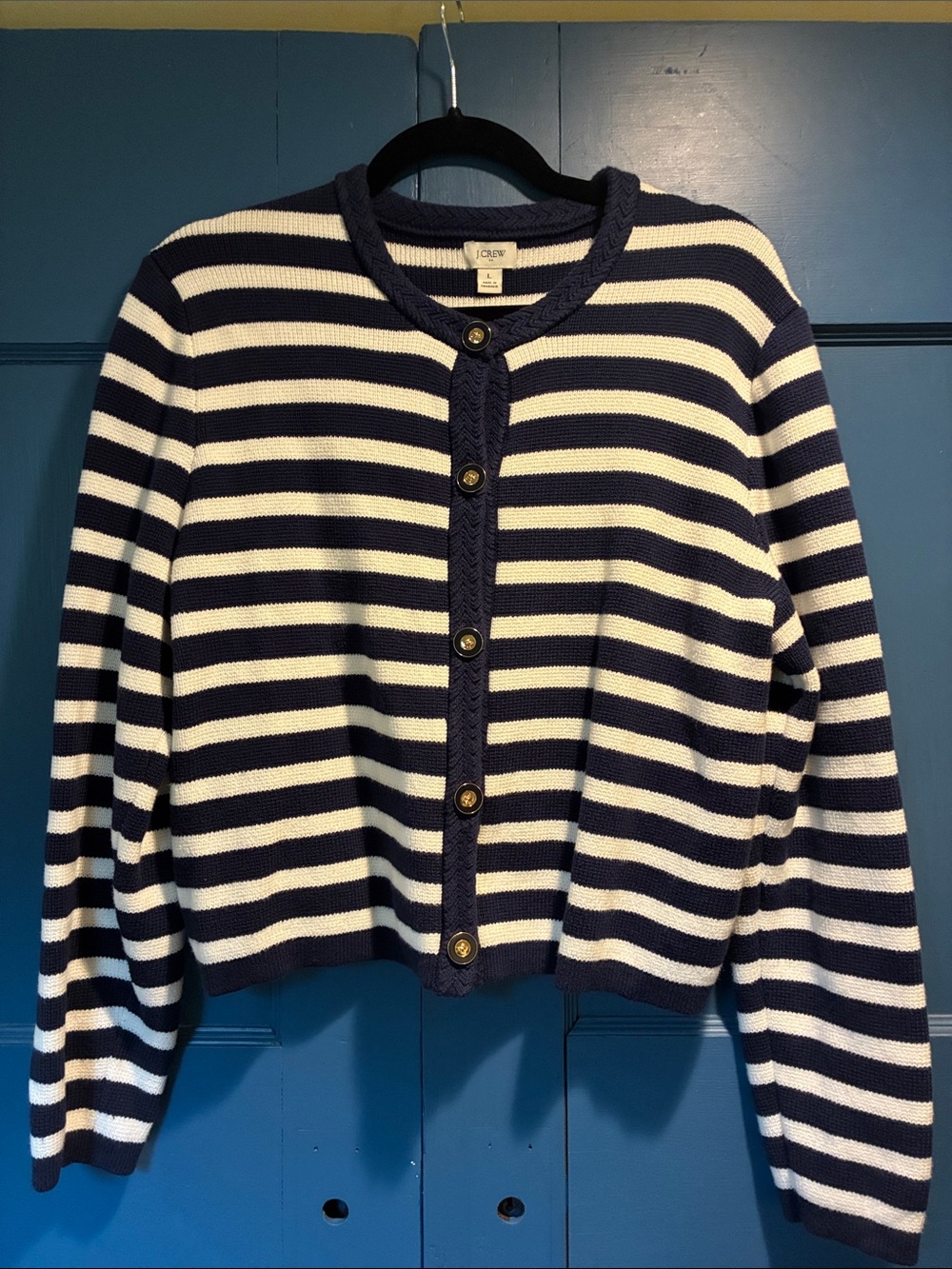 J. Crew Navy & White Striped Cropped Button Cardigan